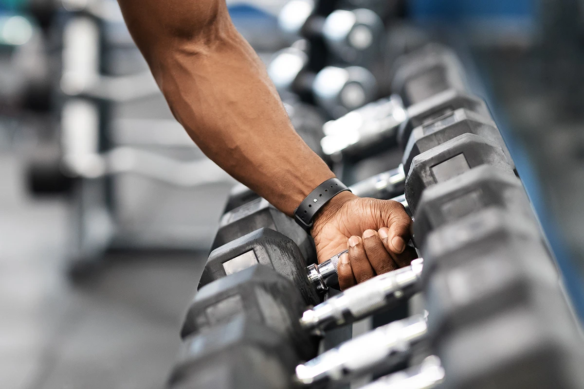 Free weights being picked up.